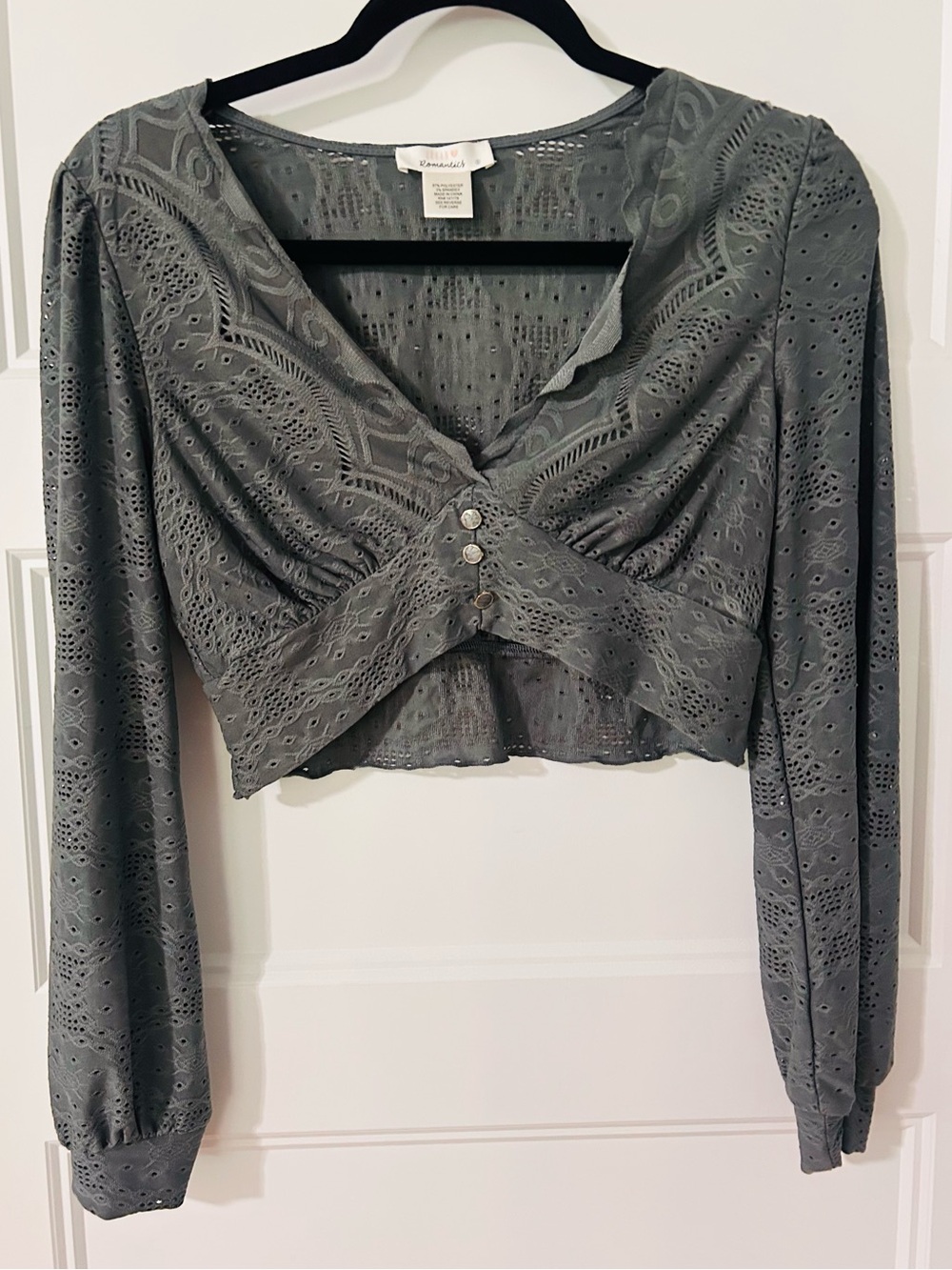 Urban Romantics Size S Gray Eyelet Lace Crop Top Long Sleeve Coquette Y2K Boho